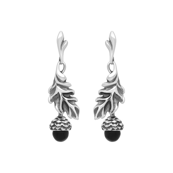 Sterling Silver Whitby Jet Acorn Leaf Drop Earrings, E2617