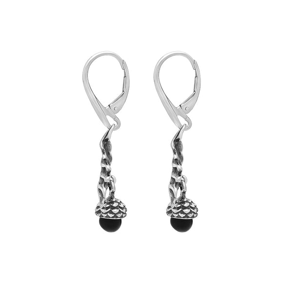 Sterling Silver Whitby Jet Acorn Leaf Hook Earrings