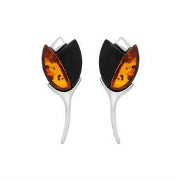 Sterling Silver Whitby Jet Amber 2 Stone Leaf Earrings, E2615