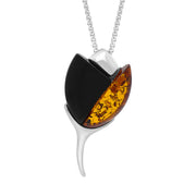 Sterling Silver Whitby Jet Amber 2 Stone Leaf Necklace, P3772