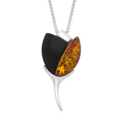 Sterling Silver Whitby Jet Amber 2 Stone Leaf Necklace, P3772