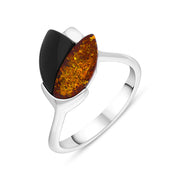 Sterling Silver Whitby Jet Amber 2 Stone Leaf Ring, R1278
