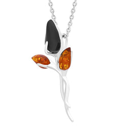 Sterling Silver Whitby Jet Amber Triple Stem Leaf Necklace