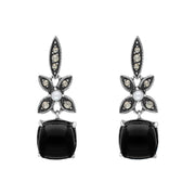 Sterling Silver Whitby Jet Pearl Marcasite Flower Drop Earrings, E1700.