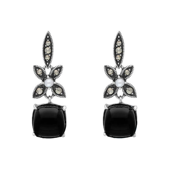 Sterling Silver Whitby Jet Pearl Marcasite Flower Drop Earrings, E1700.