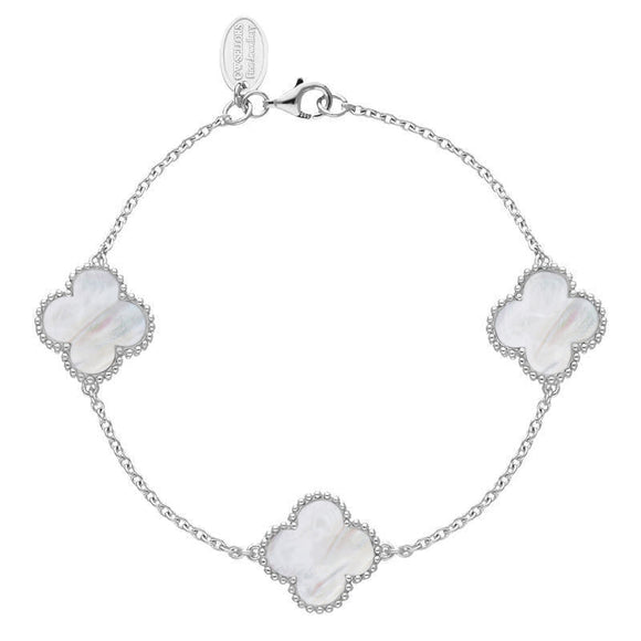 Sterling Silver WHITE MOP Bloom Four Leaf Clover Ball Edge Chain Bracelet, B1153