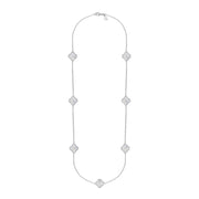 Sterling Silver WHITE MOP Bloom Four Leaf Clover Ball Edge Long Necklace, N1040
