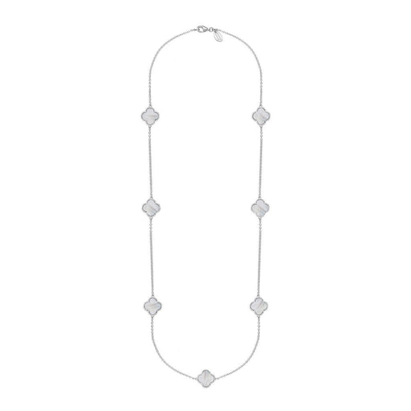 Sterling Silver WHITE MOP Bloom Four Leaf Clover Ball Edge Long Necklace, N1040