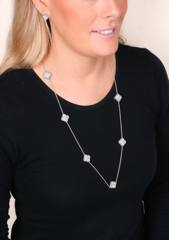 Sterling Silver White Mother of Pearl Bloom Four Leaf Clover Ball Edge Long Necklace