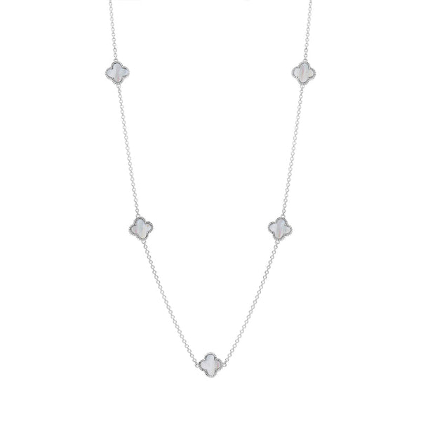 Sterling Silver WHITE MOP Bloom Four Leaf Clover Ball Edge Necklace, N1154