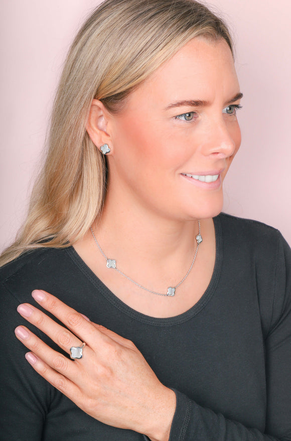 Sterling Silver White Mother of Pearl Bloom Four Leaf Clover Necklace