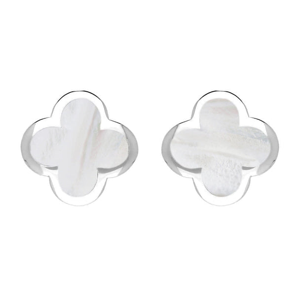 Sterling Silver WHITE MOP Bloom Four Leaf Clover Stud Earrings, E2465
