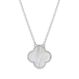 Sterling Silver White Mother of Pearl Bloom Large Four Leaf Clover Ball Edge Chain Necklet