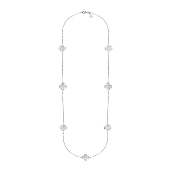 Sterling Silver WHITE MOP Bloom Four Leaf Clover Long Necklace, N1129