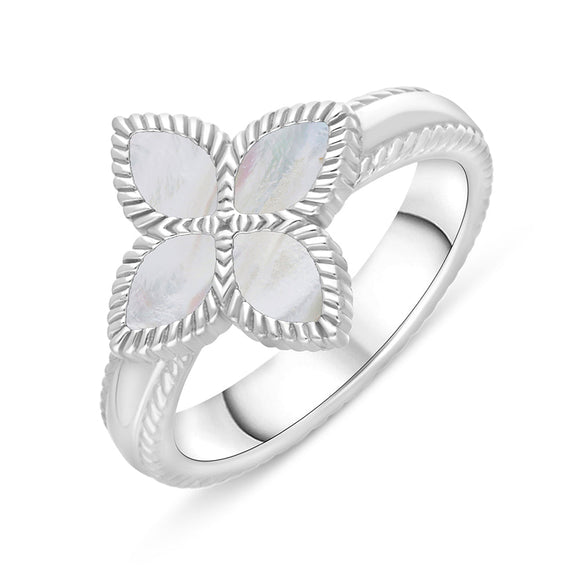 Sterling Silver White Mother of Pearl Bloom Marquise Flower Ring R1276