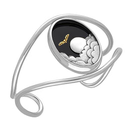 Sterling Silver 9ct Yellow Gold Whitby Jet Oval Moon Bat Cuff Bangle. B1242.