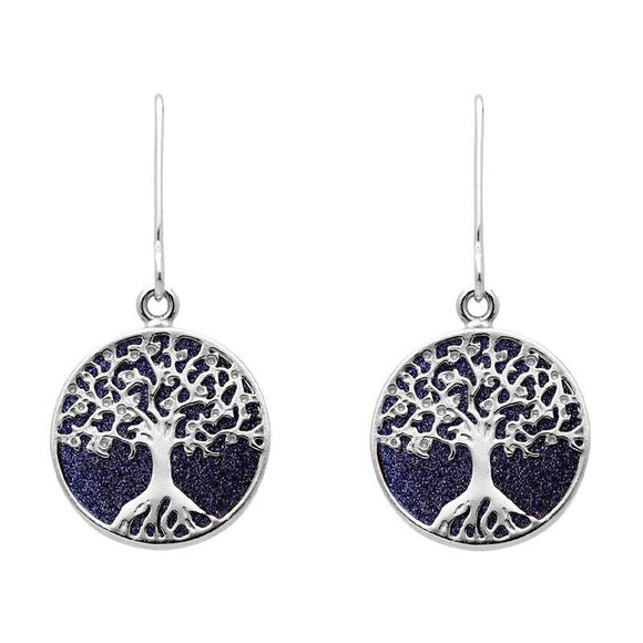 Sterling Silver Blue Goldstone Round Tree of Life Drop Earrings, E2429.