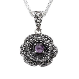 Sterling Silver Blue John Marcasite Flower Pendant Necklace