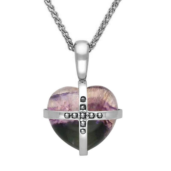 Sterling Silver Blue John Marcasite Small Cross Heart Necklace, P2162