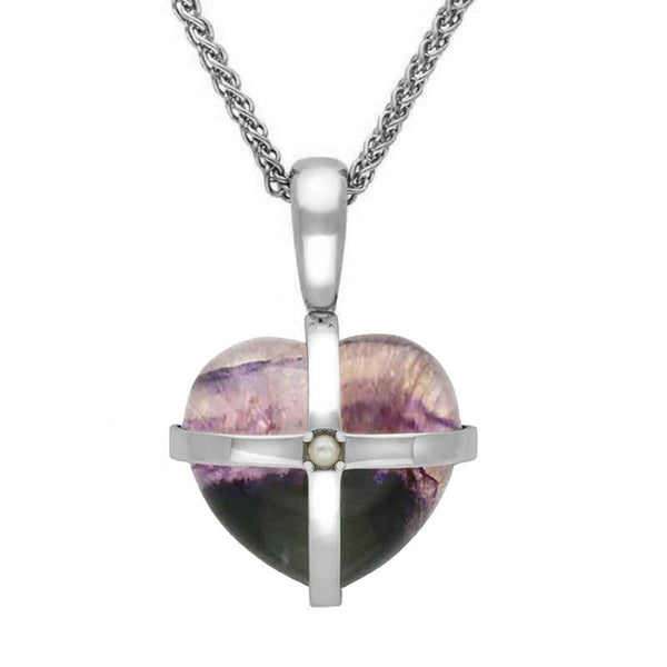 Sterling Silver Blue John One Pearl Small Cross Heart Necklace. P2163.