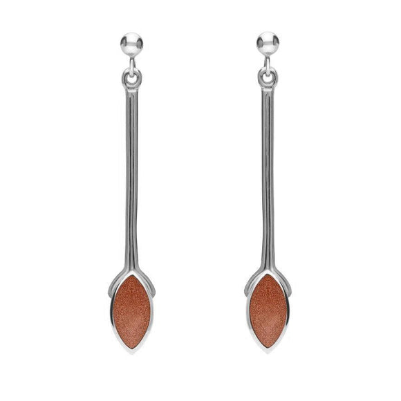 Sterling Silver Brown Goldstone Long Marquise Drop Earrings, E131.