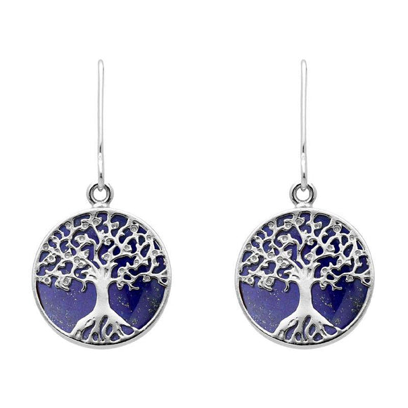 Sterling Silver Lapis Lazuli Round Tree of Life Drop Earrings, E2429.