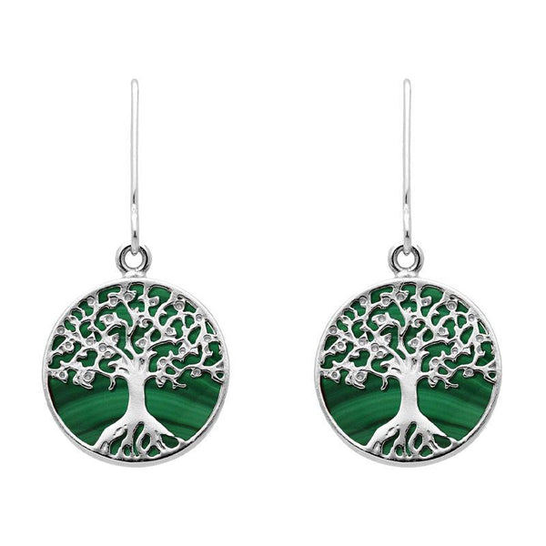 Sterling Silver Malachite Round Tree of Life Drop Earrings, E2429.