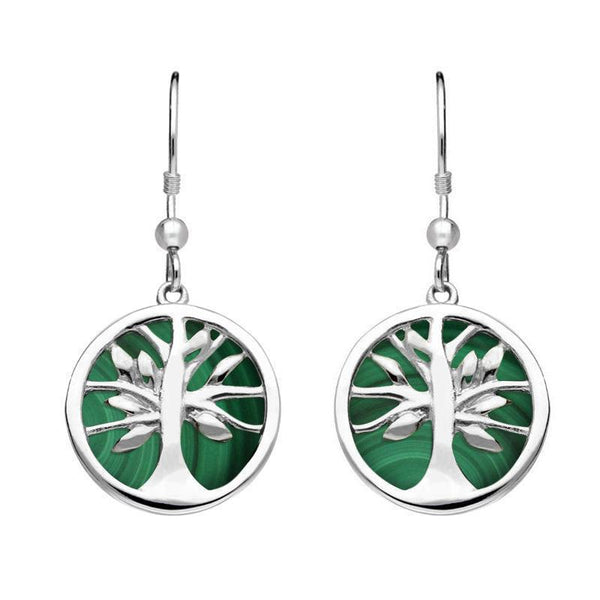 Sterling Silver Malachite Round Tree of Life Drop Earrings, E2485.