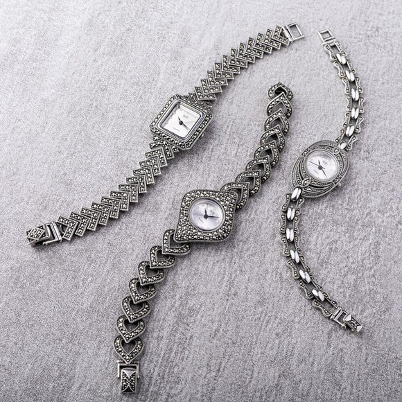 Sterling Silver Marcasite Oblong Bracelet Watch HW65_5