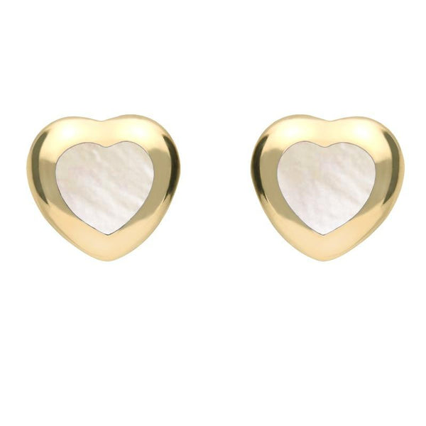 9ct Yellow Gold White Mother of Pearl Framed Heart Stud Earrings. E432.