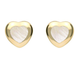 9ct Yellow Gold White Mother of Pearl Framed Heart Stud Earrings. E432.