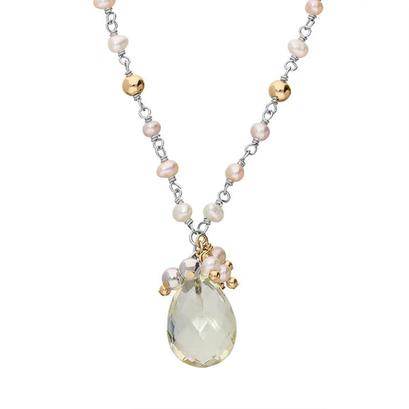 Sterling Silver Rose Gold Plated Oval Quartz Beaded Drop Necklace N824