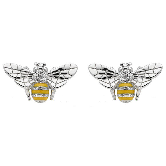 Sterling Silver Swarovski Crystal Yellow Enamel House Style Bee Stud Earrings. E2285.