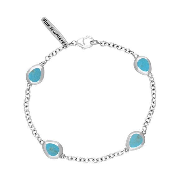 Sterling Silver Turquoise Oval Fleur De Lis Detail Four Stone Bracelet, B798.