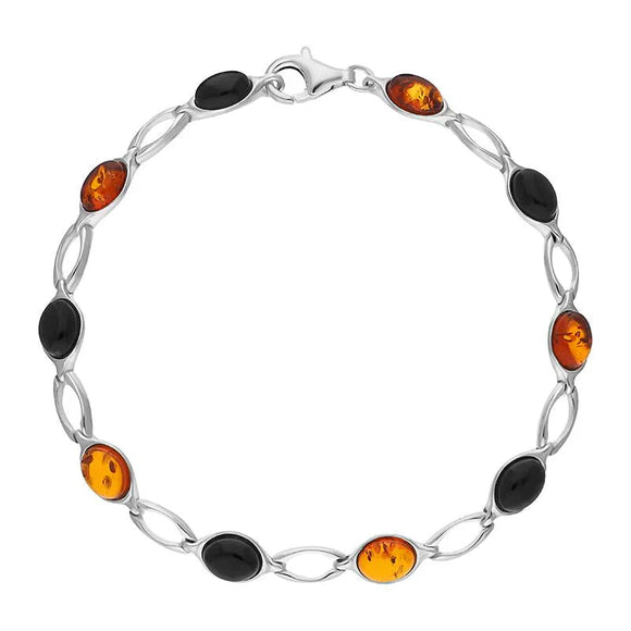 Sterling Silver Whitby Jet Amber Ten Stone Oval Bracelet, B654.