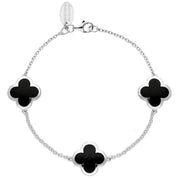 Sterling Silver Whitby Jet Bloom Four Leaf Clover Chain Bracelet, B1196