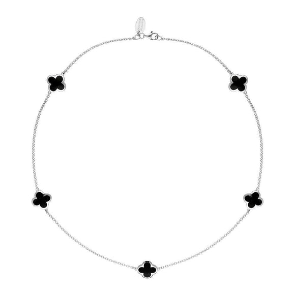 Sterling Silver Whitby Jet Bloom Four Leaf Clover Long Necklace, N1128.