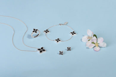 Sterling Silver Whitby Jet Eden Small Marquise Flower Necklace