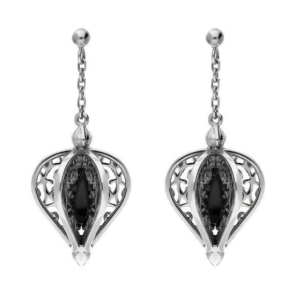Sterling Silver Whitby Jet Flore Filigree Drop Earrings E1781