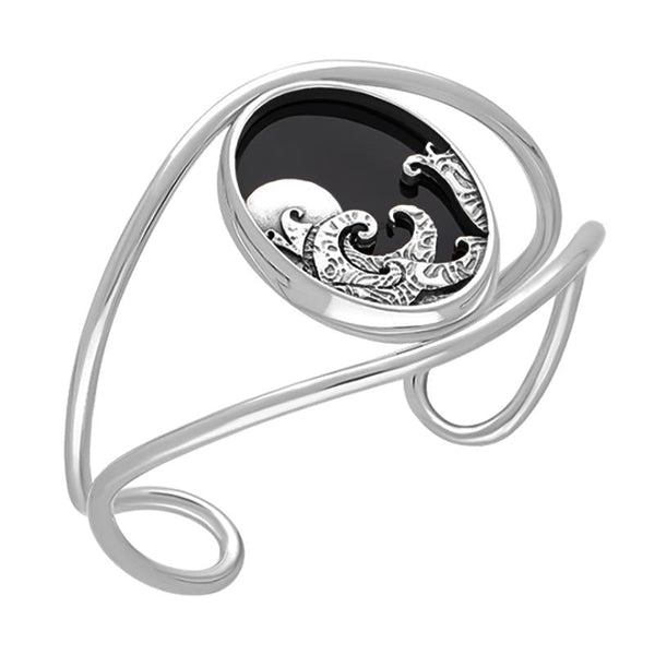 Sterling Silver Whitby Jet Gothic Moon and Wave Cuff Bangle, B1243