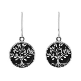 Sterling Silver Whitby Jet Round Large Leaves Tree of Life Two Piece Set, S062.