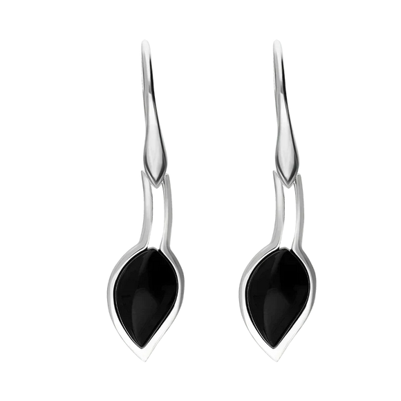 Sterling Silver Whitby Jet Small Leaf Drop Earrings, E1111