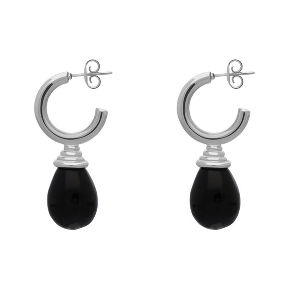 Sterling Silver Whitby Jet Tear Drop Hoop Earrings