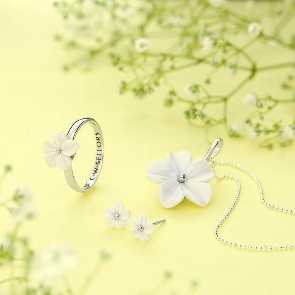 Sterling Silver White Agate Carnation Tuberose Stud Earrings, E2162