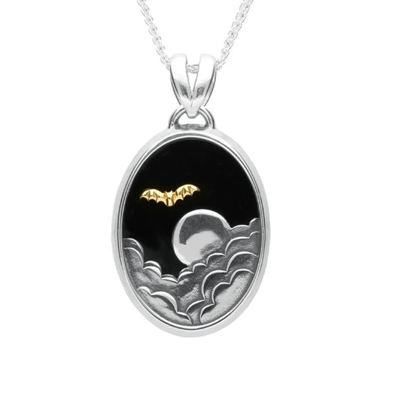 Sterling Silver 9ct Yellow Gold Whitby Jet Oval Moon Bat Necklace. P1777C