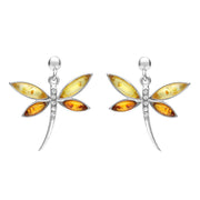 Sterling Silver Honey Amber Cubic Zirconia Dragonfly Drop Earrings E2326