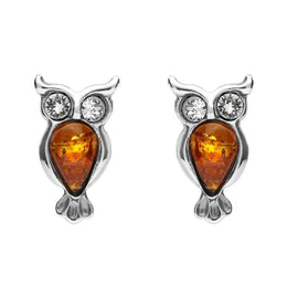 Sterling Silver Amber Cubic Zirconia Owl Stud Earrings, E2327.