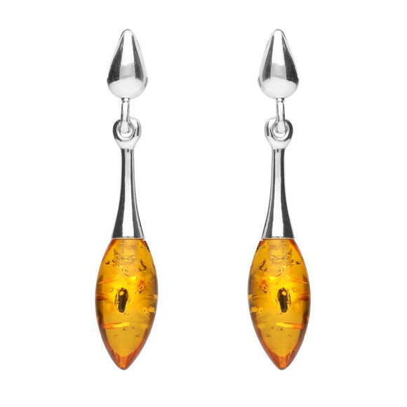 Sterling Silver Amber Long Slim Marquise Drop Stud Earrings. E2343.