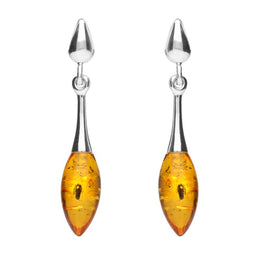 Sterling Silver Amber Long Slim Marquise Drop Stud Earrings. E2343.