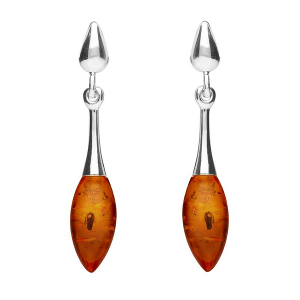 Sterling Silver Amber Long Slim Marquise Drop Stud Earrings. e2342.